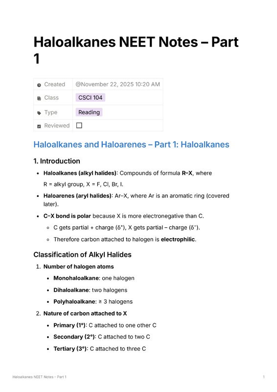 Thumbnail for Haloalkanes Neet Notes part 1