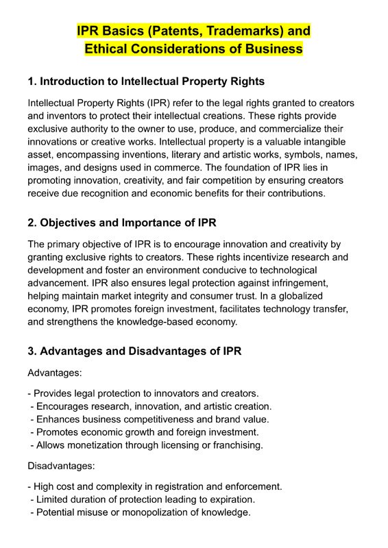 Thumbnail for IPR Basics (Patents, Trademarks) and  Ethical Considerations of Business