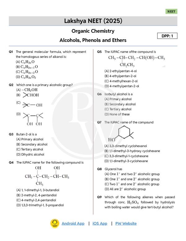 Thumbnail for Alcohols, Phenols, and Ethers - DPP 01 for Lakshya NEET 2025
