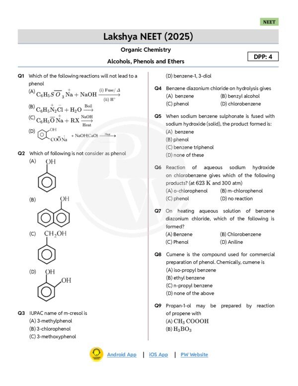 Thumbnail for Alcohols, Phenols and Ethers - DPP 04 - Lakshya NEET 2025