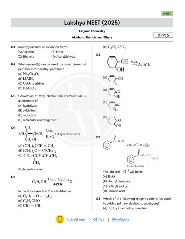 Thumbnail for Alcohols, Phenols and Ethers DPP 05 - Lakshya NEET 2025