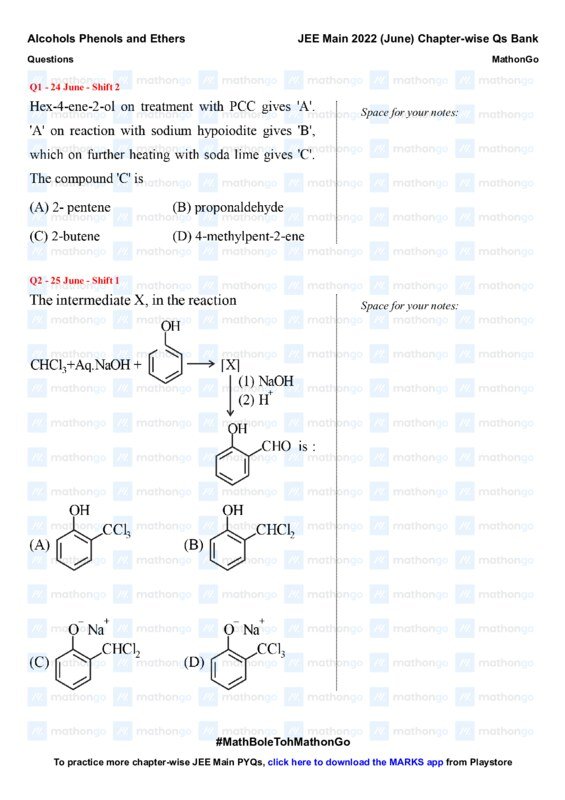 Thumbnail for Alcohols, Phenols, and Ethers - JEE Main 2022 Chapter-wise Questions