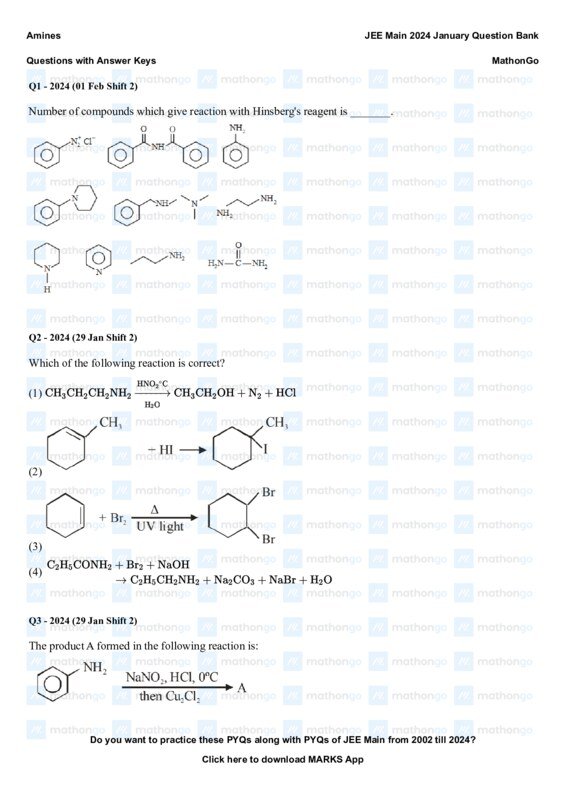 Thumbnail for Amines: JEE Main 2024 January Question Bank