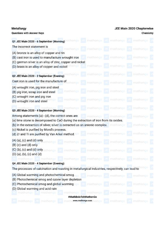 Thumbnail for Chapterwise Metallurgy Question Bank for JEE Main 2020