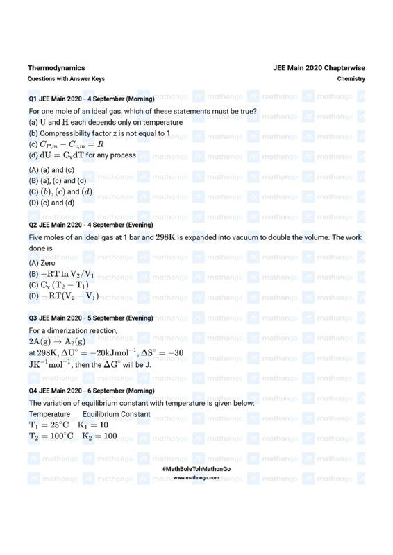 Thumbnail for Chapterwise Thermodynamics Question Bank for JEE Main 2020