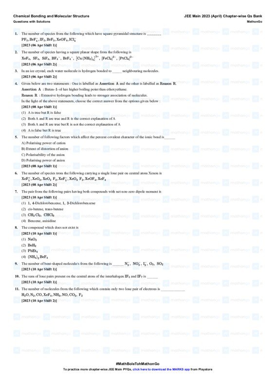 Thumbnail for Chemical Bonding and Molecular Structure - JEE Main 2023 April PYQs