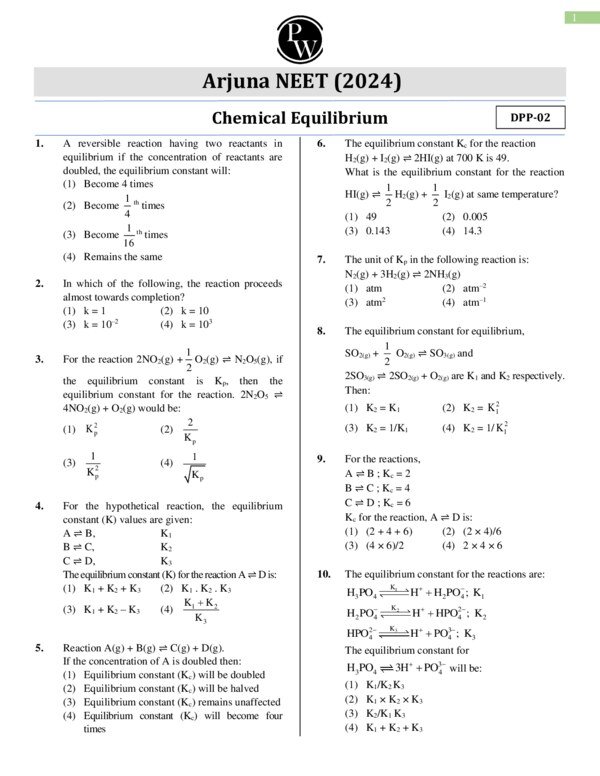 Thumbnail for Chemical Equilibrium DPP-02 - Arjuna NEET 2024