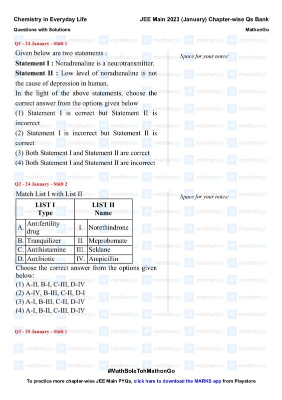 Thumbnail for Chemistry in Everyday Life - JEE Main 2023 Chapter Wise Questions