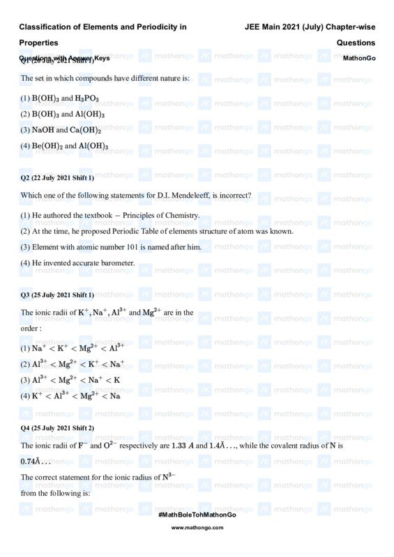 Thumbnail for Classification of Elements and Periodicity in Properties - JEE Main 2021