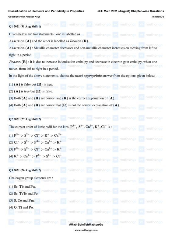 Thumbnail for Classification of Elements and Periodicity in Properties - JEE Main 2021