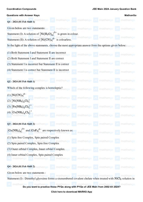 Thumbnail for Coordination Compounds Question Bank for JEE Main 2024