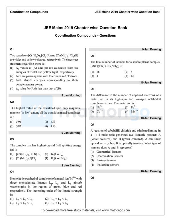 Thumbnail for Coordination Compounds Study Notes for JEE Main 2019