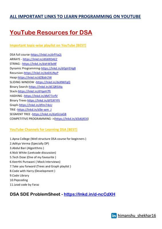 Thumbnail for Curated YouTube Links for DSA and More