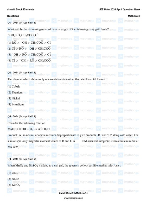 Thumbnail for d and f Block Elements - JEE Main 2024 Question Bank