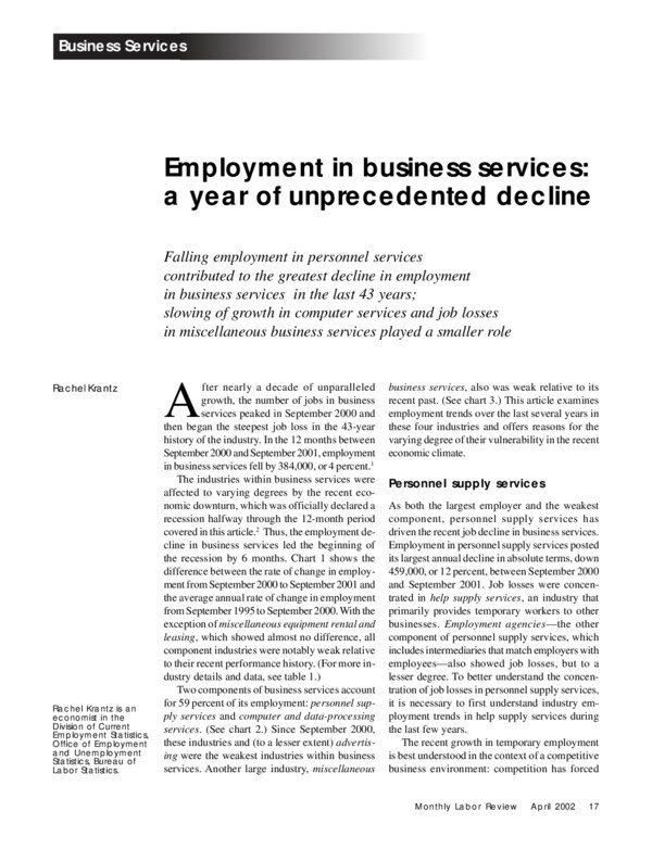 Thumbnail for Employment in Business Services: A Year of Unprecedented Developments