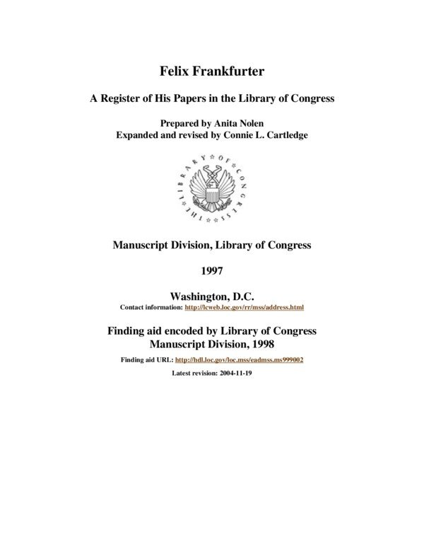 Thumbnail for Finding Aid for the Papers of Felix Frankfurter