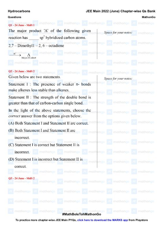 Thumbnail for Hydrocarbons Study Notes - JEE Main 2022 Questions
