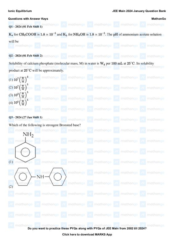 Thumbnail for Ionic Equilibrium JEE Main 2024 January Question Bank