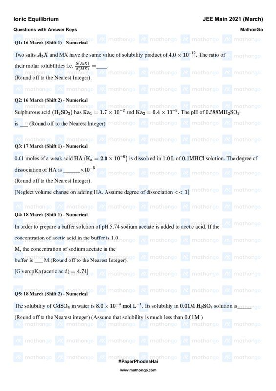 Thumbnail for Ionic Equilibrium Study Notes - JEE Main 2021 March