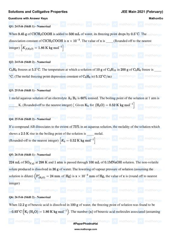 Thumbnail for JEE Main 2021 February Solutions: Colligative Properties and Math Concepts
