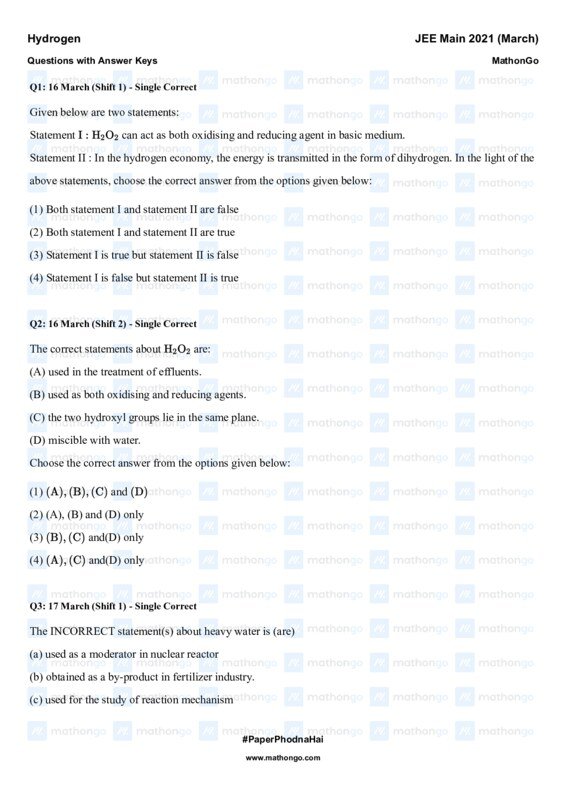 Thumbnail for JEE Main 2021 March Chapterwise Questions on Hydrogen