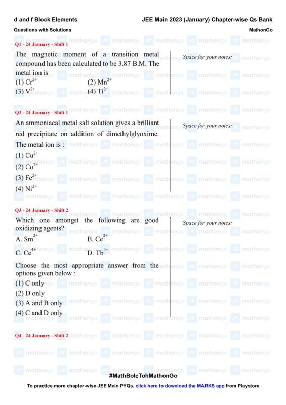 Thumbnail for JEE Main 2023: d and f Block Elements Chapter-wise Questions