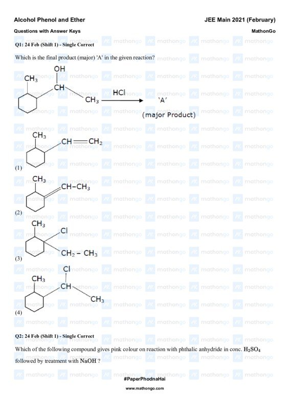 Thumbnail for Mathongo Questions on Alcohol, Phenol, and Ether for JEE Main 2021