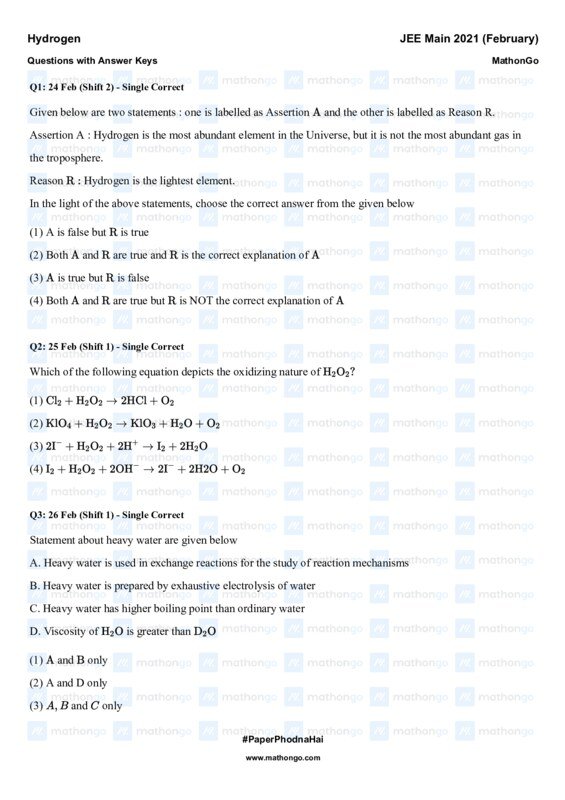 Thumbnail for Mathongo Questions on Hydrogen for JEE Main 2021 - February Chapterwise
