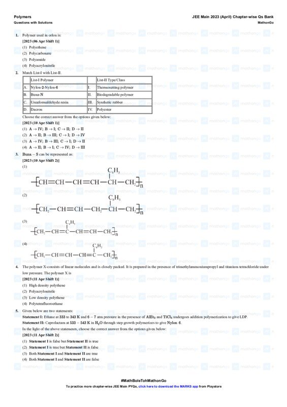 Thumbnail for Polymers Chapterwise Previous Year Questions for JEE Main 2023