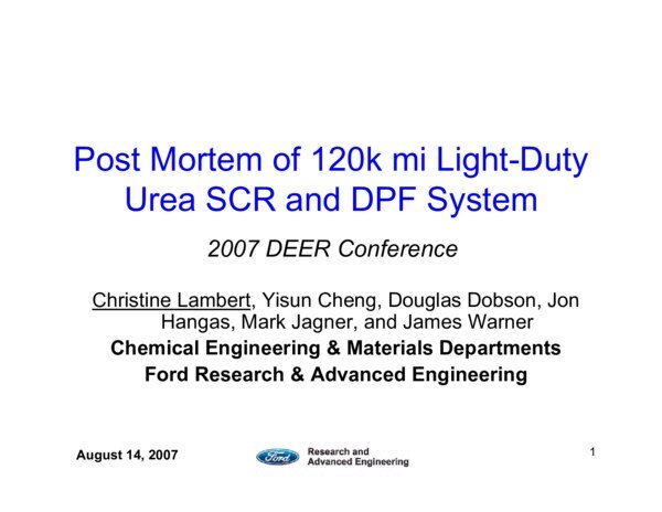 Thumbnail for Post Mortem Analysis of 120k Mile Light-Duty Urea SCR and DPF Systems