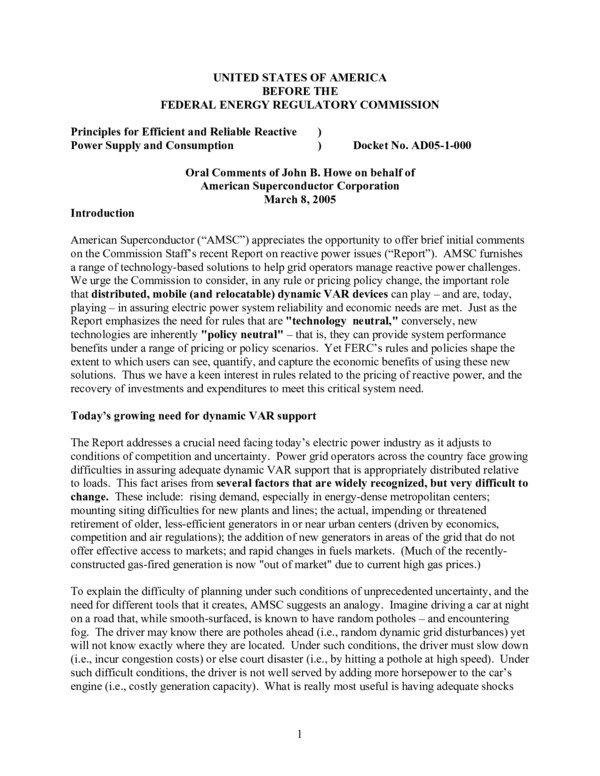 Thumbnail for Preliminary Comments by American Superconductor