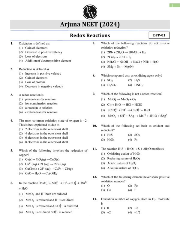 Thumbnail for Redox Reactions DPP 01 - Arjuna NEET 2024