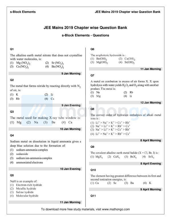 Thumbnail for S-Block Elements Study Notes for JEE Main 2019