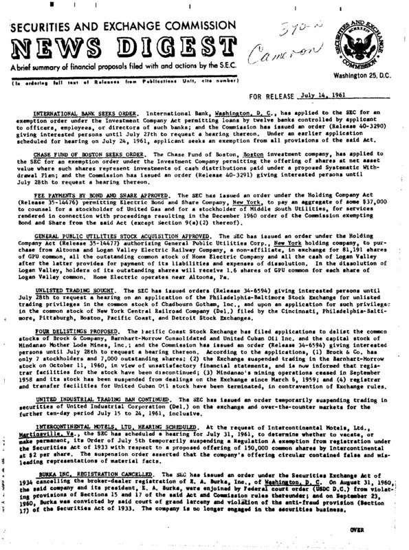 Thumbnail for SEC News Digest - July 14, 1961