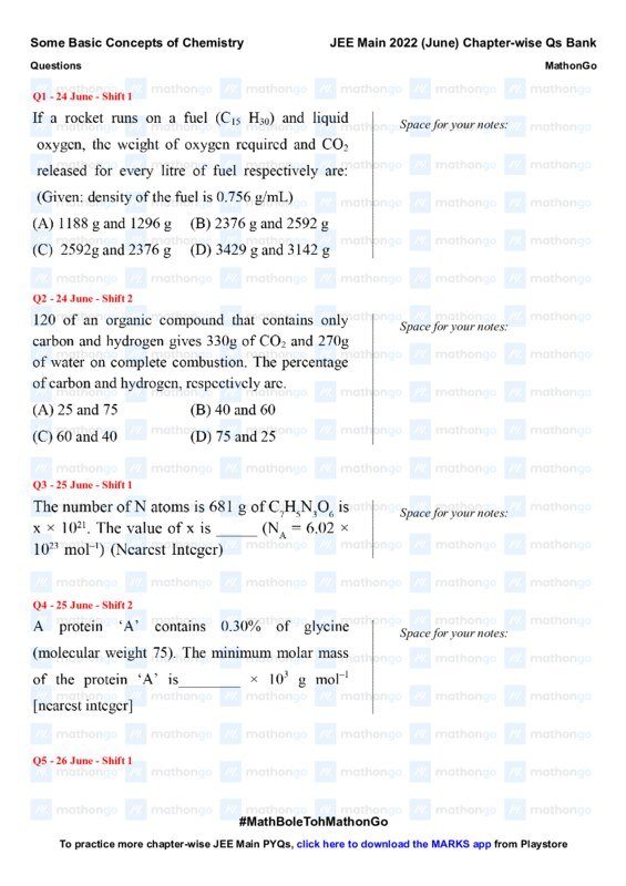 Thumbnail for Some Basic Concepts of Chemistry - JEE Main 2022 Chapter Wise Questions