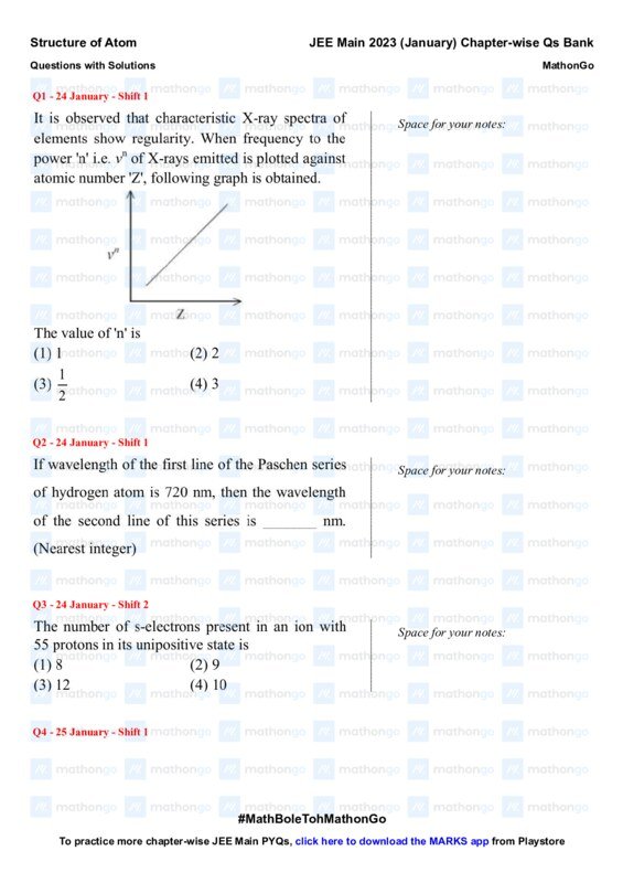 Thumbnail for Structure of Atom - JEE Main 2023 Chapter-wise Questions