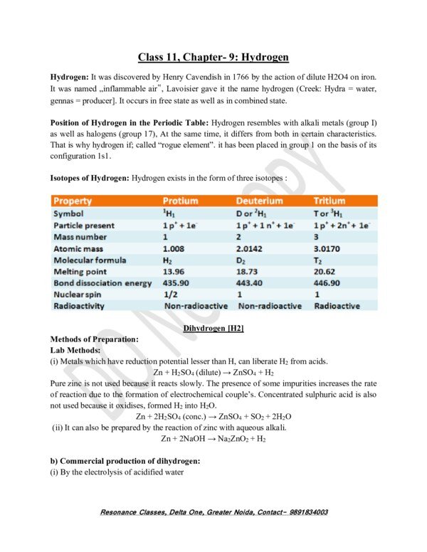 Thumbnail for Study Notes on Hydrogen