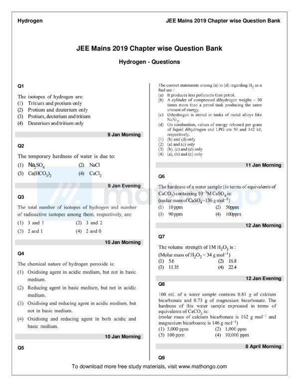 Thumbnail for Study Notes on Hydrogen for JEE Main 2019