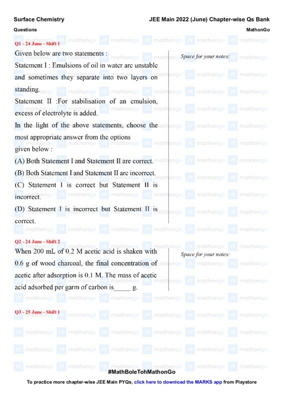 Thumbnail for Surface Chemistry Chapter-wise Questions for JEE Main 2022