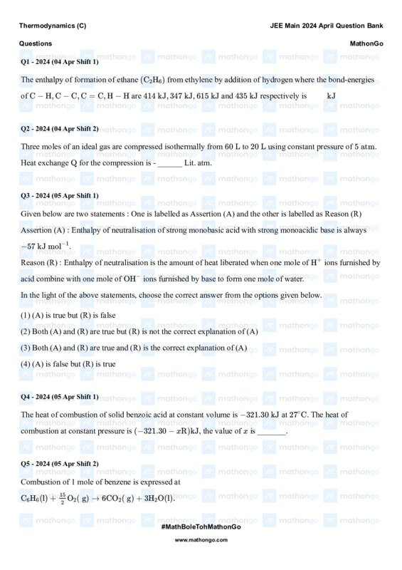Thumbnail for Thermodynamics Question Bank for JEE Main 2024