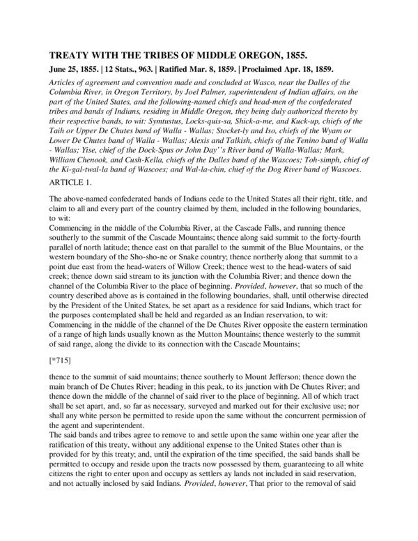 Thumbnail for Treaty with the Tribes of Middle Oregon, 1855