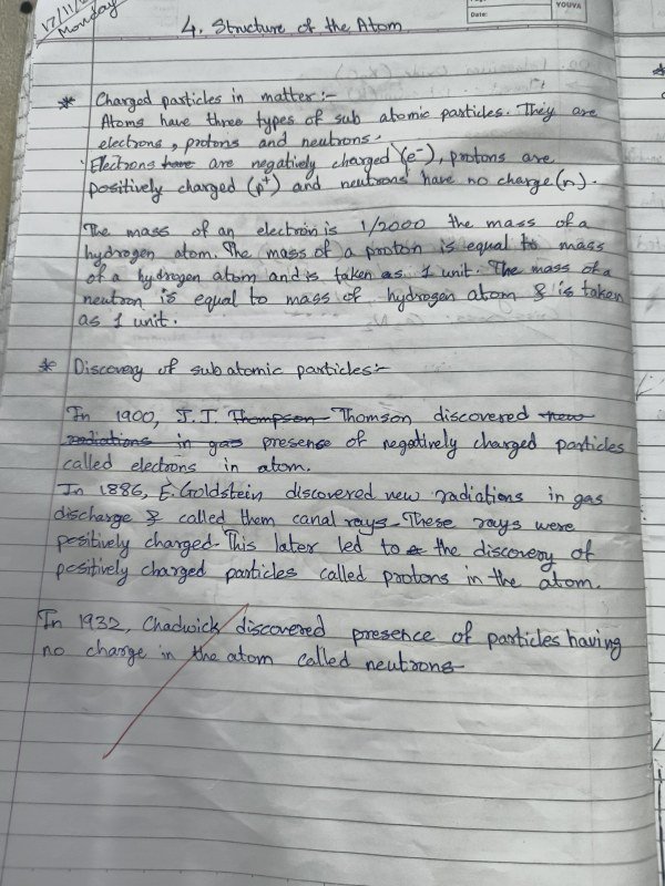 Thumbnail for Class 9 cbse science lesson 4. Structure of an atom notes 1st page