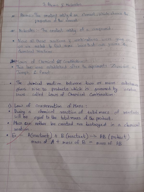 Thumbnail for Class 9th cbse science lesson Atoms and Molecules notes 1st page