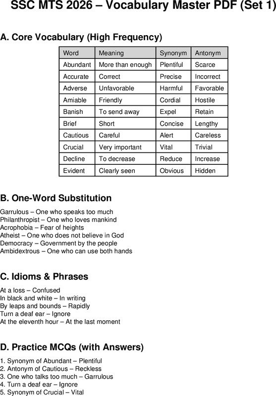 Thumbnail for Ssc mts vocabulary set 1 - 2026