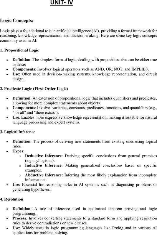 Thumbnail for Artificial Intelligence Unit 4 Notes (Logic, Learning, Decision Trees) – Free PDF