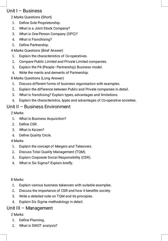 Thumbnail for Business Management Important Questions – Unit Wise Notes