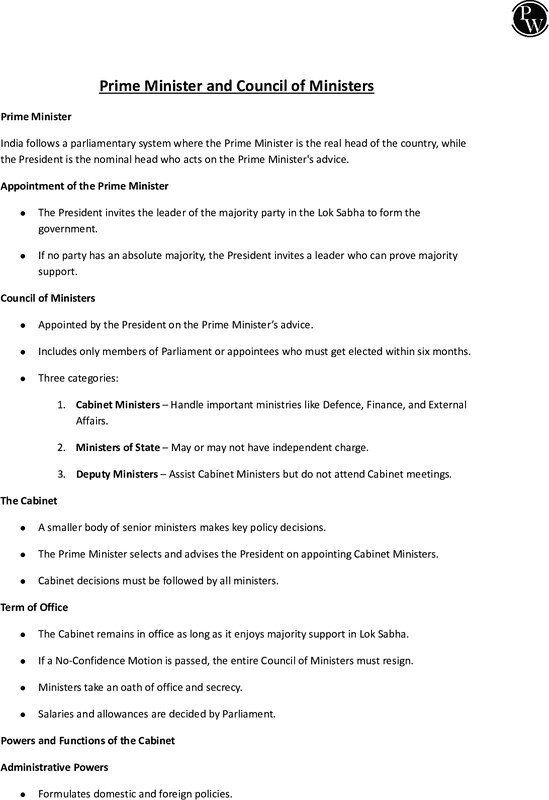Thumbnail for Class 10 ICSE Civics Notes: Prime Minister and Council of Ministers