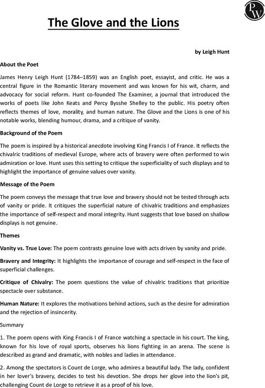 Thumbnail for Class 10 ICSE English Literature Notes: The Glove and the Lions