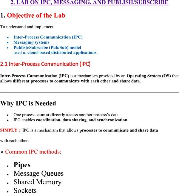 Thumbnail for Cloud Computing Lab 2: IPC, Messaging & Publish/Subscribe Programs with Explanation (C & Python)