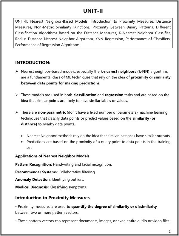 Thumbnail for Machine Learning Unit 2 Notes (KNN, Proximity Measures, Distance Metrics) – Free PDF